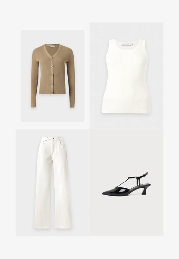 Beige ribstrikket cardigan med V-hals, lange ærmer og fem knapper foran.; Hvid, ribstrikket, ærmeløs tanktop med rund halsudskæring, tætsiddende pasform og mærkeetiket på indersiden af bagkraven.; Hvide vide bukser af denim med knaplukning, bæltestropper og fem-lomme design. Glat overflade med synlig syning.; Sort laklæder spids tå slingback sko med T-rem og lav skrå blokhæl på hvid baggrund.