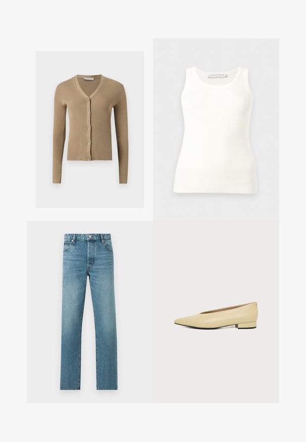 Cardigan beige en maille côtelée avec encolure en V, manches longues et cinq boutons à l'avant.; Débardeur blanc côtelé sans manches avec encolure ronde, coupe ajustée, et étiquette de la marque à l'intérieur du col arrière.; Jean en denim bleu à jambes droites avec poches avant, fermeture par bouton et passants pour ceinture, présenté à plat sur un fond clair.; Chaussure femme en cuir beige avec talon bas, bout pointu et design minimaliste, présentée de profil sur un fond uni.