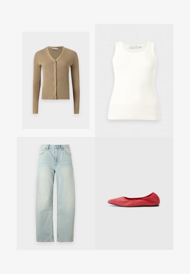 Cardigan beige en maille côtelée avec encolure en V, manches longues et cinq boutons à l'avant.; Débardeur blanc côtelé sans manches avec encolure ronde, coupe ajustée, et étiquette de la marque à l'intérieur du col arrière.; Jean taille haute bleu clair, coupe droite, avec bouton à l'avant et poches, présenté sur un fond blanc uni.; Filippa K REY FLATS - Ballerines - bright red