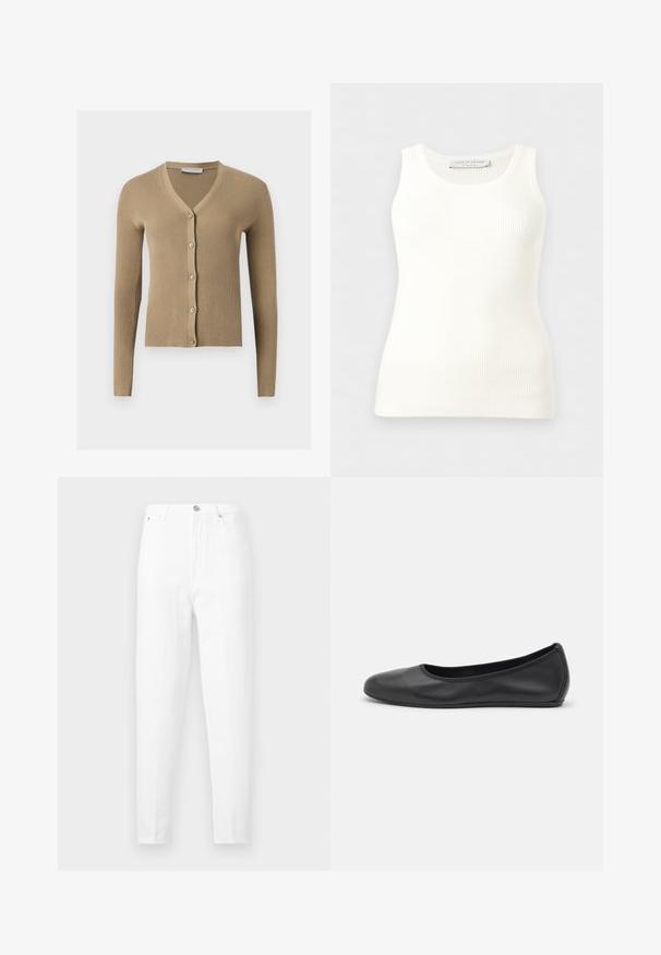 Cardigan beige en maille côtelée avec encolure en V, manches longues et cinq boutons à l'avant.; Débardeur blanc côtelé sans manches avec encolure ronde, coupe ajustée, et étiquette de la marque à l'intérieur du col arrière.; Jean blanc taille haute, coupe slim, avec cinq poches et fermeture à boutons, présenté sur un fond uni.; Ballerines en cuir noir avec un bout rond, texture lisse, détails de couture minimalistes et design de semelle flexible.