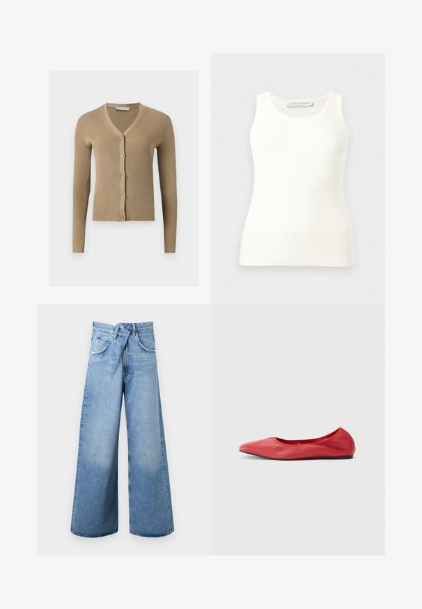 Cardigan beige en maille côtelée avec encolure en V, manches longues et cinq boutons à l'avant.; Débardeur blanc côtelé sans manches avec encolure ronde, coupe ajustée, et étiquette de la marque à l'intérieur du col arrière.; Jean en denim bleu clair à jambes larges, taille haute, fermeture par boutons, et conception à cinq poches, présenté à plat sur un fond blanc.; Filippa K REY FLATS - Ballerines - bright red