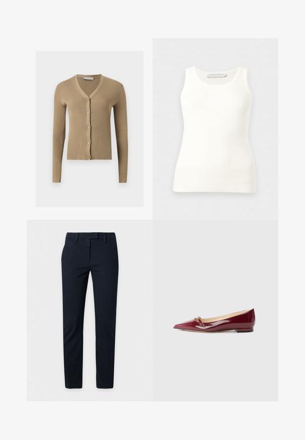 Cardigan beige en maille côtelée avec encolure en V, manches longues et cinq boutons à l'avant.; Débardeur blanc côtelé sans manches avec encolure ronde, coupe ajustée, et étiquette de la marque à l'intérieur du col arrière.; Pantalon formel noir coupe slim avec passants de ceinture et poches latérales, présenté sur un fond clair uni.; Ballerines en cuir verni bordeaux avec un bout pointu, présentant un petit détail découpé et un petit talon. Texture lisse et design épuré.