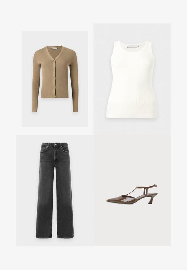 Beige ribstrikket cardigan med V-hals, lange ærmer og fem knapper foran.; Hvid, ribstrikket, ærmeløs tanktop med rund halsudskæring, tætsiddende pasform og mærkeetiket på indersiden af bagkraven.; Sorte højtaljede lige ben denimjeans med frontknap og lynlås, to frontlommer og to baglommer.; Brunt laklæder spids tå slingback sko med lav kitten hæl, tynd T-rem og ankelrem med spænde.