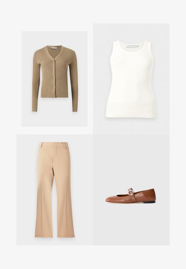 Beige ribstrikket cardigan med V-hals, lange ærmer og fem knapper foran.; Hvid, ribstrikket, ærmeløs tanktop med rund halsudskæring, tætsiddende pasform og mærkeetiket på indersiden af bagkraven.; Beige brede bukser med en glat tekstur, der har en mid-rise talje og rene frontfolder. Simpel design, ingen synlige udsmykninger.; Brune læderballetsko med spidse tæer og udskæring foran. Har en rem med en metallisk spænde og sort sål.