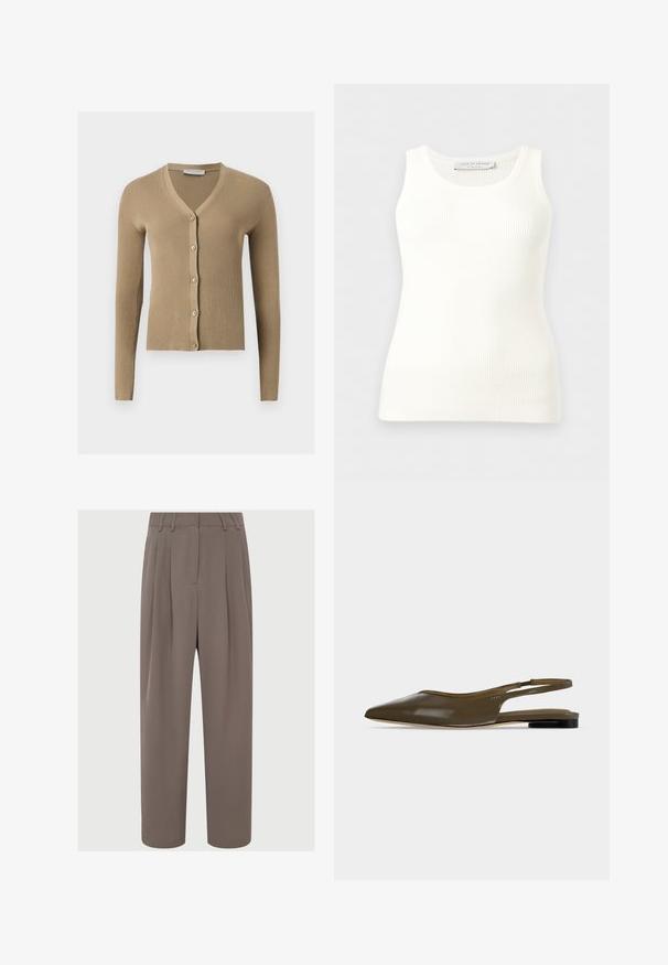 Beige ribstrikket cardigan med V-hals, lange ærmer og fem knapper foran.; Hvid, ribstrikket, ærmeløs tanktop med rund halsudskæring, tætsiddende pasform og mærkeetiket på indersiden af bagkraven.; Brune plisserede bukser med høj talje, slankt stof, vidde ben-design og sidelommer, der har en glat og let tekstur.; Olivengrøn spids tå slingback flad sko med lav sort hæl og en glat, skinnende finish.