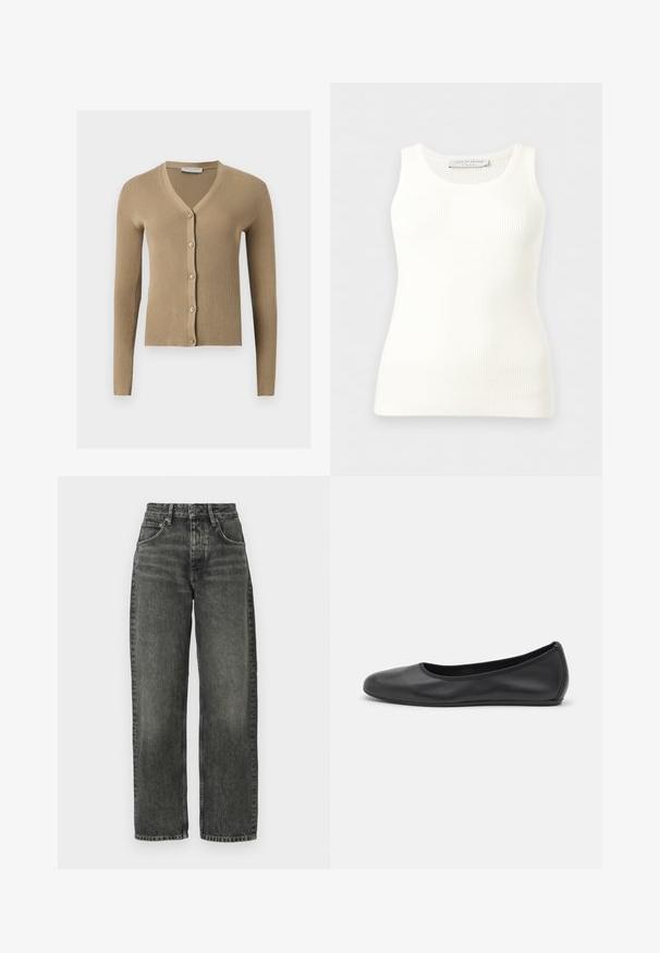 Beige ribstrikket cardigan med V-hals, lange ærmer og fem knapper foran.; Hvid, ribstrikket, ærmeløs tanktop med rund halsudskæring, tætsiddende pasform og mærkeetiket på indersiden af bagkraven.; Won Hundred ALEXANDRA - Jeans Relaxed Fit - tinted black; Sort læderballetsko med rund tå, glat tekstur, minimal syning og et fleksibelt såldesign.