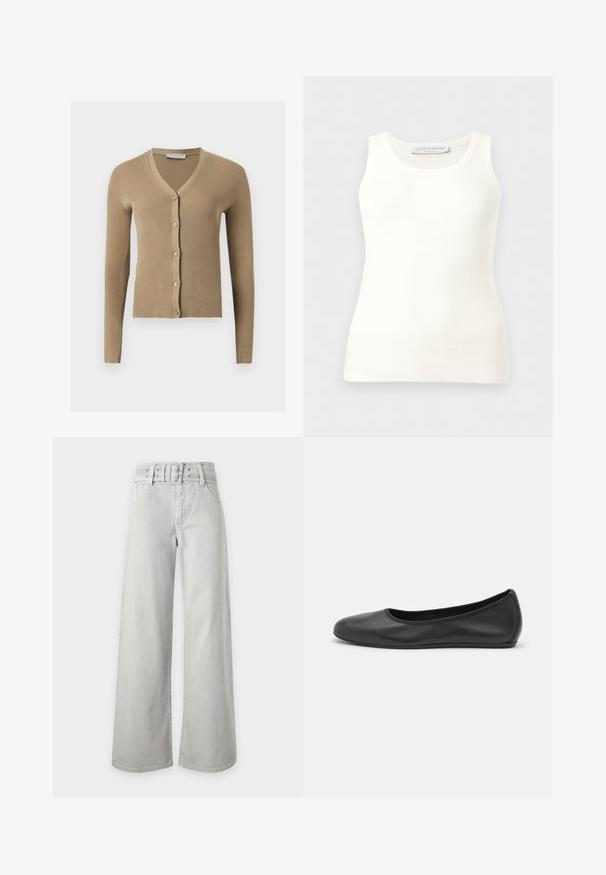 Cardigan beige en maille côtelée avec encolure en V, manches longues et cinq boutons à l'avant.; Débardeur blanc côtelé sans manches avec encolure ronde, coupe ajustée, et étiquette de la marque à l'intérieur du col arrière.; Jean gris clair taille haute à jambes larges, avec poches avant, passants de ceinture et ceinture en tissu assortie avec boucle.; Ballerines en cuir noir avec un bout rond, texture lisse, détails de couture minimalistes et design de semelle flexible.