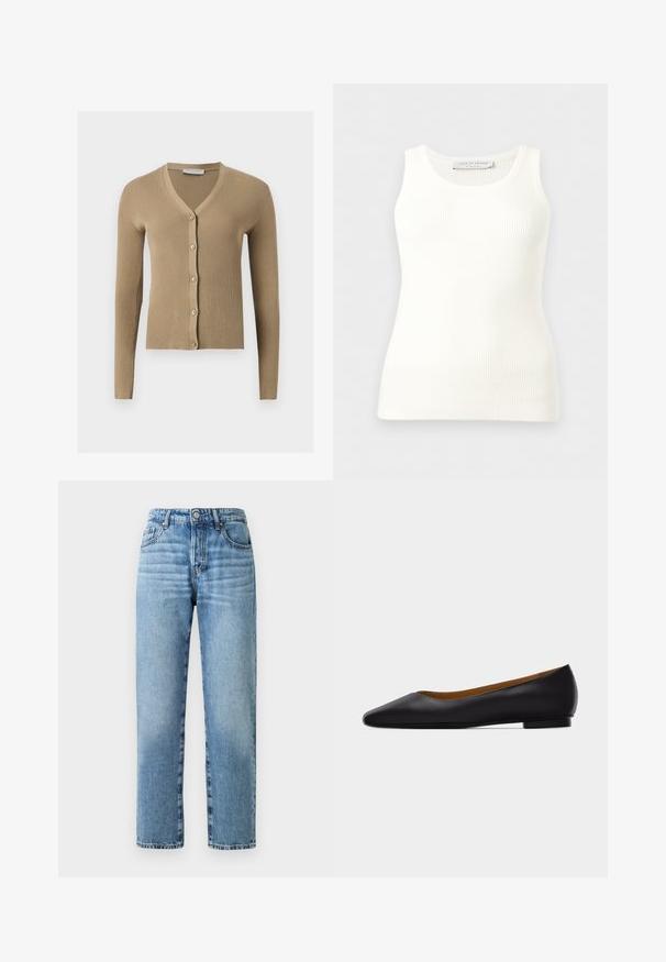 Beige geribbelde gebreide cardigan met V-hals, lange mouwen en vijf knopen aan de voorkant.; Witte geribbelde mouwloze tanktop met ronde hals, aansluitende pasvorm en merkembleem aan de binnenkant van de achterkant van de kraag.; Lichtblauwe denim jeans met een rechte pijp, zichtbare stiksels, een knopen sluiting en vijf-pocket styling.; Zwarte leren puntschoen met lage hak en gladde afwerking, zijaanzicht op een lichtgrijze achtergrond.