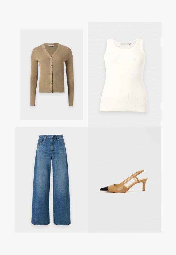 Cárdigan de punto beige acanalado con escote en V, mangas largas y cinco botones delanteros.; Camiseta sin mangas blanca acanalada con cuello redondo, corte ajustado y etiqueta de la marca en el interior del cuello trasero.; Pantalones vaqueros de pierna ancha de color azul con un lavado medio, que presentan una cintura alta, cinco bolsillos y un sutil desgaste. Hechos de denim con una textura suave.; Tacones slingback color tostado con puntera negra puntiaguda, con laterales recortados y tacón cuadrado de altura media. Material de cuero liso.