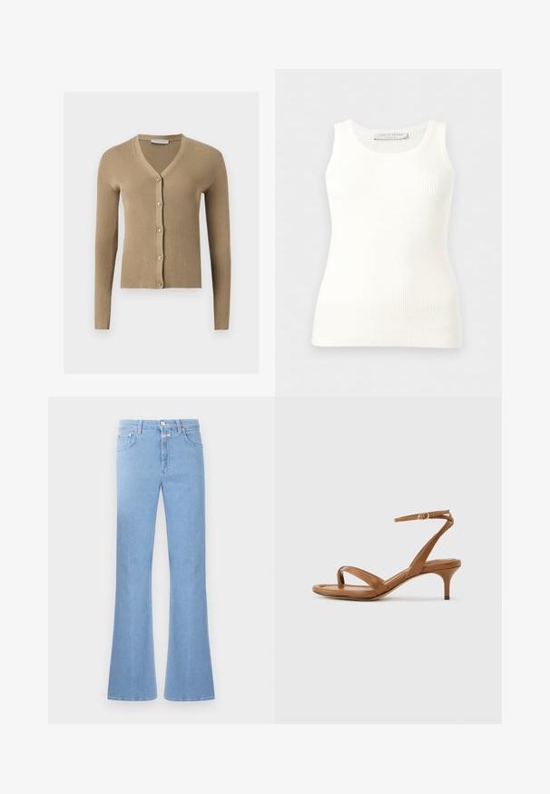 Beige ribstrikket cardigan med V-hals, lange ærmer og fem knapper foran.; Hvid, ribstrikket, ærmeløs tanktop med rund halsudskæring, tætsiddende pasform og mærkeetiket på indersiden af bagkraven.; Lyseblå udvidede jeans lavet af denim, med høj talje, fem lomme design og kontraststing. Glat tekstur med en ren overflade.; Brun læder sandal med stropper, lav kittenhæl og en ankelrem med en lille spænde, vist fra siden på en ensfarvet baggrund.