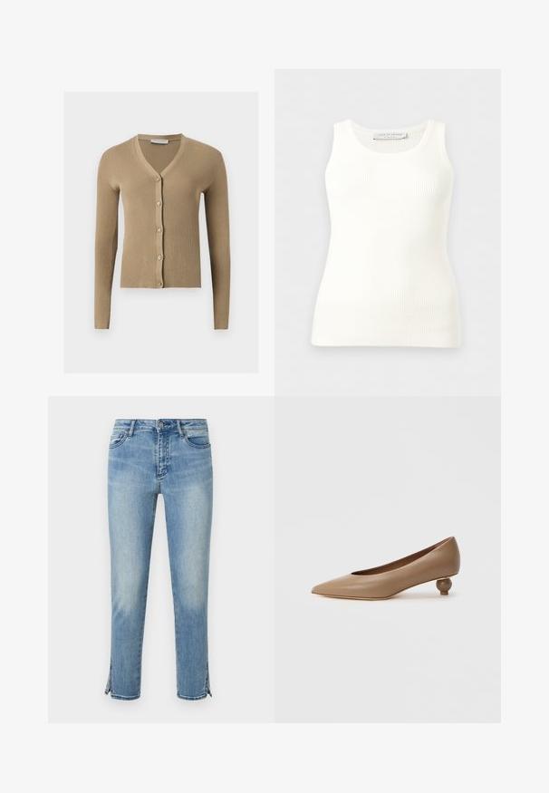 Cardigan beige en maille côtelée avec encolure en V, manches longues et cinq boutons à l'avant.; Débardeur blanc côtelé sans manches avec encolure ronde, coupe ajustée, et étiquette de la marque à l'intérieur du col arrière.; Jean en denim bleu clair délavé avec bouton à l'avant, poches et fentes aux chevilles des deux côtés, présenté sur fond blanc.; Escarpin à bout pointu en cuir lisse marron clair. Caractérisé par un talon bas arrondi de forme sphérique. Design minimaliste, sans ornements visibles.