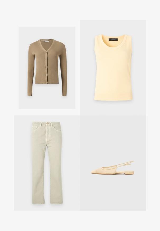 Cardigan beige en maille côtelée avec encolure en V, manches longues et cinq boutons à l'avant.; Débardeur en maille côtelée sans manches de couleur jaune pâle avec col rond et étiquette de marque noire à l'intérieur du col.; Jean droit beige clair avec fermeture à bouton, cinq poches et détails de couture discrets, fabriqué en tissu denim.; Chaussure plate slingback en beige clair avec une tige en maille, un bout pointu et un petit talon. Dotée d'une sangle ajustable pour un bon maintien.