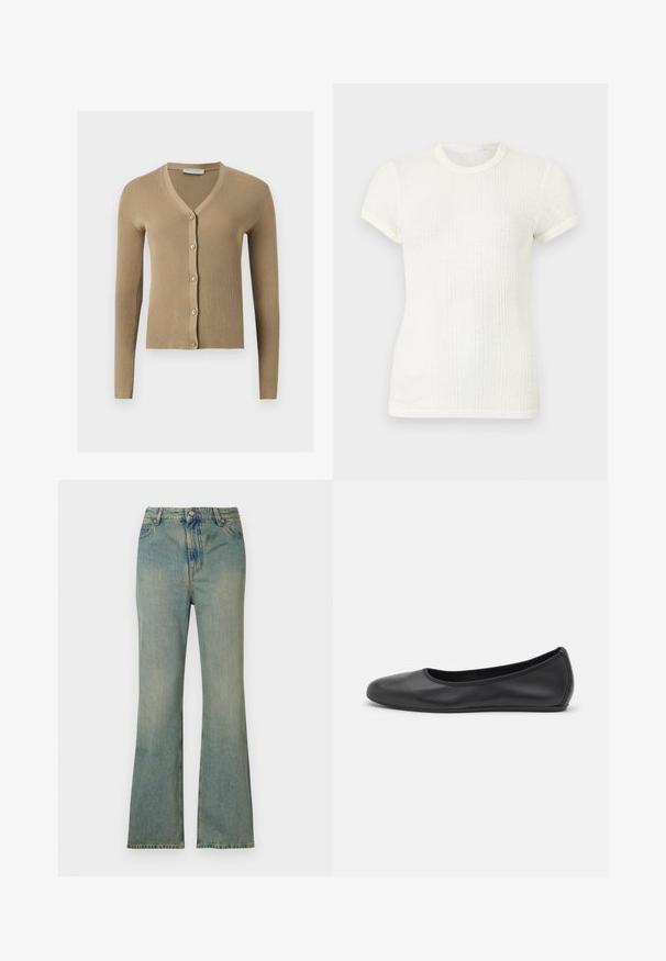 Beige geribbelde gebreide cardigan met V-hals, lange mouwen en vijf knopen aan de voorkant.; Witte, geribbelde, korte mouw T-shirt met ronde halslijn en licht opgeblazen mouwen.; Lichtblauwe spijkerflared jeans met een hoge taille, vijf zakken en een rits. Schoon, vervaagd uiterlijk met subtiele stikdetails.; Zwarte leren ballerina met een ronde neus, gladde textuur, minimale stikdetails en een flexibele zoolontwerp.