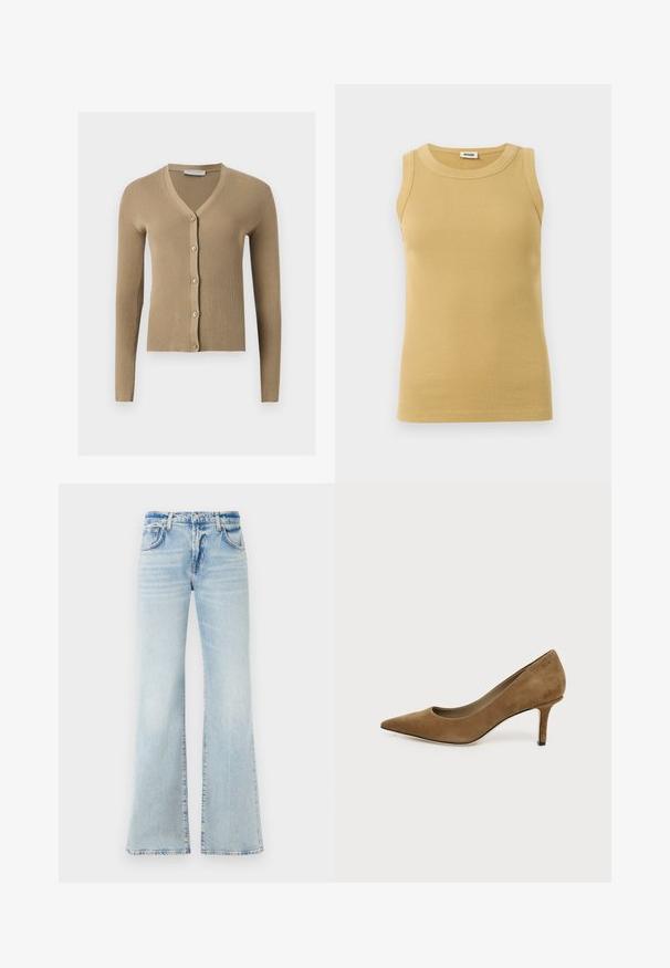Beige ribstrikket cardigan med V-hals, lange ærmer og fem knapper foran.; Ærmeløs, ribstrikket tanktop i beige med rund halsudskæring, lavet af Drykorn, vist mod en hvid baggrund.; Udsvingende lys blå denimjeans med en blød tekstur, fem lommer og knaplukning. Har en afbleget effekt for et slidt udseende.; Brun ruskind spids tå højhælet sko med en slank mellemhøj stilet hæl på hvid baggrund.