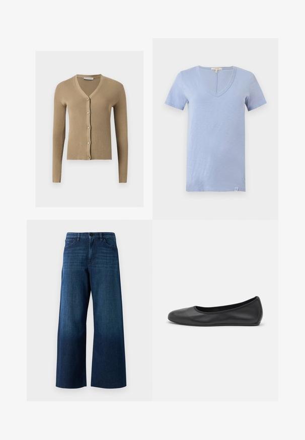 Cárdigan de punto beige acanalado con escote en V, mangas largas y cinco botones delanteros.; Camiseta azul claro de manga corta con escote en V y una pequeña etiqueta de la marca en el dobladillo inferior, mostrada sobre un fondo blanco liso.; Jeans de mezclilla azul oscuro de pierna ancha con botón frontal, pasadores para cinturón y diseño clásico de cinco bolsillos sobre fondo liso.; Bailarina de piel negra con punta redondeada, textura suave, detalle de costura minimalista y diseño de suela flexible.