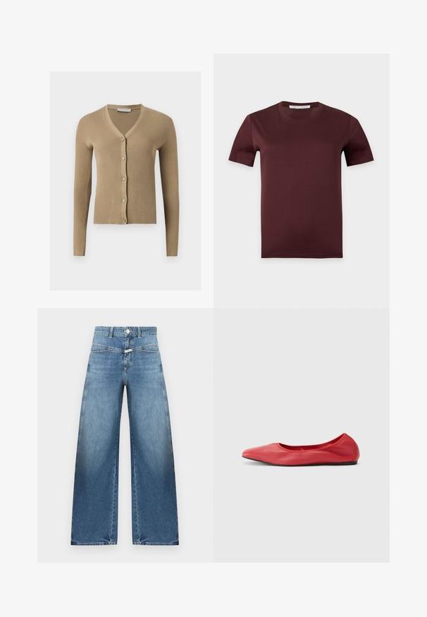 Cardigan beige en maille côtelée avec encolure en V, manches longues et cinq boutons à l'avant.; T-shirt uni marron foncé à manches courtes et col rond avec une étiquette "Tiger of Sweden" à l’intérieur du col sur un fond gris clair.; Jean bleu taille haute à jambes larges avec fermeture à bouton et fermeture éclair à l'avant, poches avant et passants pour ceinture sur un fond uni.; Filippa K REY FLATS - Ballerines - bright red