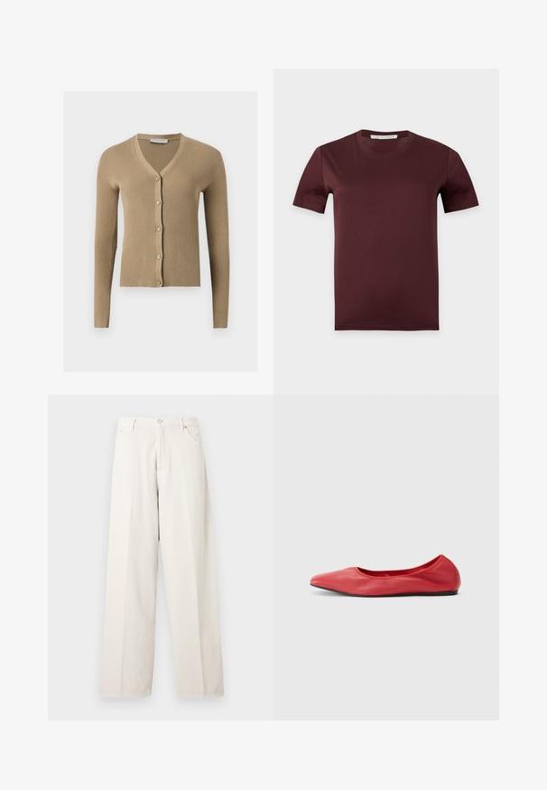 Cardigan beige en maille côtelée avec encolure en V, manches longues et cinq boutons à l'avant.; T-shirt uni marron foncé à manches courtes et col rond avec une étiquette "Tiger of Sweden" à l’intérieur du col sur un fond gris clair.; Pantalon ample couleur blanc cassé avec passants de ceinture, bouton à l'avant, fermeture éclair et poches latérales, présenté sur un fond clair uni.; Filippa K REY FLATS - Ballerines - bright red