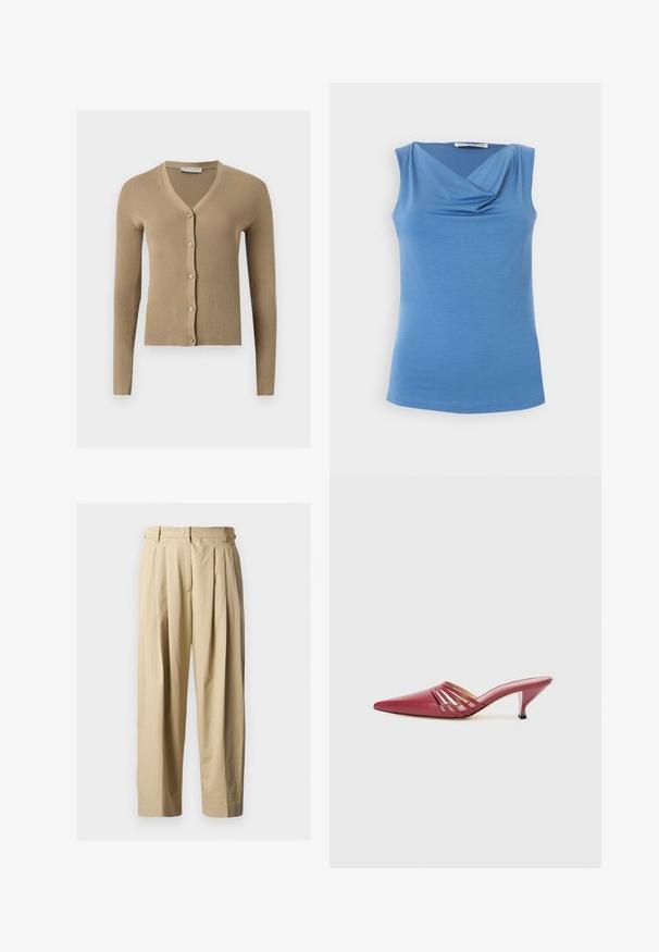 Beige ribstrikket cardigan med V-hals, lange ærmer og fem knapper foran.; Ærmeløs lyseblå top med draperet cowl-halsudskæring, figursyet silhuet og glat stof fra Tiger of Sweden.; Beige højtaljede plisserede bukser med bæltestropper, frontlynlås og lige vide ben på en ensfarvet baggrund.; Røde lædermules med spids tå og lav hæl, med udskårne sideaccenter og en glat tekstur. Slankt og strømlinet design.