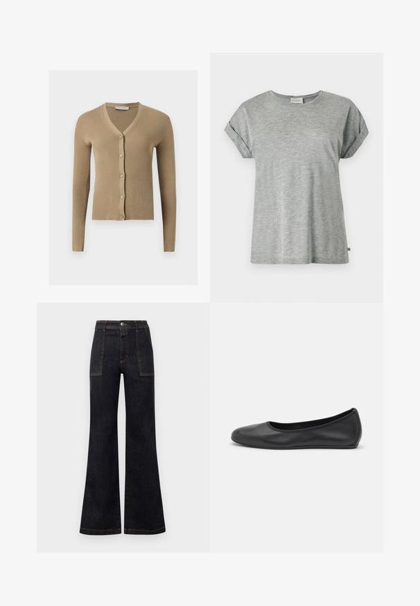 Beige Rippenstrick-Cardigan mit V-Ausschnitt, langen Ärmeln und fünf vorderen Knöpfen.; Hellgraues kurzärmliges Baumwoll-T-Shirt mit umgeschlagenen Bündchen und rundem Ausschnitt, flach auf weißem Hintergrund dargestellt.; Schwarze Denim-Jeans mit weitem Bein und hoher Taille, ausgestattet mit orangefarbenen Nähten und zwei Fronttaschen. Glatte Textur, saubere Verarbeitung, klassisches Design.; Schwarze Leder-Ballettschuhe mit abgerundeter Spitze, glatter Textur, minimalen Nähdetails und einem flexiblen Sohlen-Design.