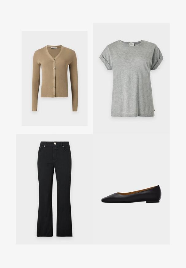 Cardigan beige en maille côtelée avec encolure en V, manches longues et cinq boutons à l'avant.; T-shirt en coton gris clair à manches courtes avec revers aux manches et col rond, présenté à plat sur fond blanc.; Jean noir à jambe droite avec poches avant, passants pour ceinture et fermeture métallique par bouton à la taille.; Chaussure plate en cuir noir à bout pointu avec talon bas et finition lisse, vue de côté sur un fond gris clair.