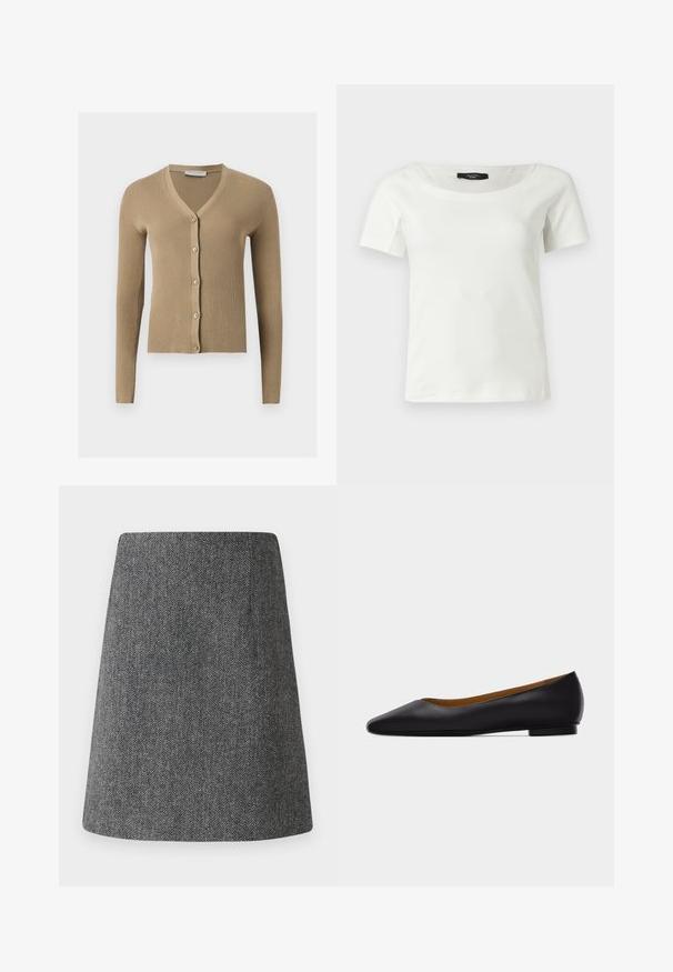 Beige ribstrikket cardigan med V-hals, lange ærmer og fem knapper foran.; Hvid kortærmet bomuldsbluse til kvinder med bred rund halsudskæring på en ensfarvet lys baggrund.; Grå fiskebensmønster nederdel med en udvidet A-linjeform, lavet af tekstureret stof. Har en ren talje og ingen synlige detaljer eller pynt.; Sort læder flad sko med spids tå, lav hæl og glat finish, vist fra siden på en lysegrå baggrund.