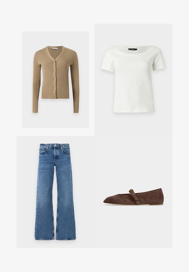 Beige geribbelde gebreide cardigan met V-hals, lange mouwen en vijf knopen aan de voorkant.; Witte katoenen dames top met korte mouwen en een brede ronde halslijn op een effen lichte achtergrond.; Brede blauwe spijkerbroeken gemaakt van denim met een vervaagde was, voorzakken, een knoopsluiting en gescheurde zomen aan de benen.; Bruine suède platte schoen met spits toelopende neus en gouden gespsluiting aan de zijkant, afgebeeld in zijaanzicht tegen een witte achtergrond.