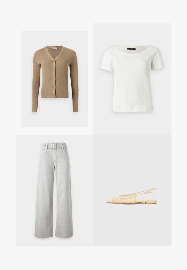 Cardigan beige en maille côtelée avec encolure en V, manches longues et cinq boutons à l'avant.; Haut blanc en coton à manches courtes pour femmes avec un large col rond sur un fond clair uni.; Jean gris clair taille haute à jambes larges, avec poches avant, passants de ceinture et ceinture en tissu assortie avec boucle.; Chaussure plate slingback en beige clair avec une tige en maille, un bout pointu et un petit talon. Dotée d'une sangle ajustable pour un bon maintien.