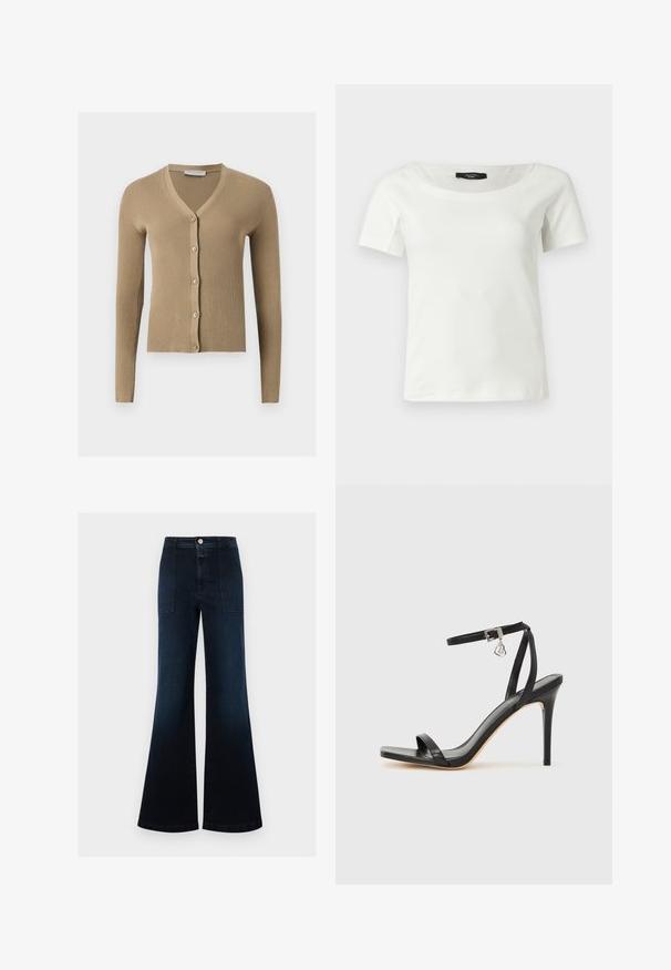 Cardigan beige en maille côtelée avec encolure en V, manches longues et cinq boutons à l'avant.; Haut blanc en coton à manches courtes pour femmes avec un large col rond sur un fond clair uni.; Jean large bleu foncé à taille haute, poches plaquées à l'avant, fermeture par bouton, sans usure visible ni ornements.; Sandale à talon haut noire avec une bride étroite à la cheville, bout carré, cuir lisse et accent de boucle métallique.