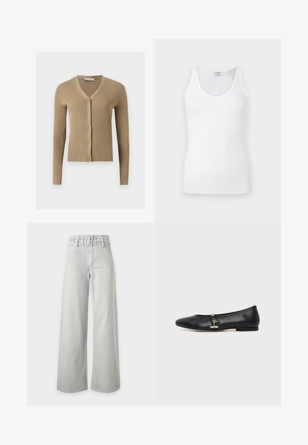 Cardigan beige en maille côtelée avec encolure en V, manches longues et cinq boutons à l'avant.; Débardeur blanc pour femme, sans manches, col en V avec fines bretelles, présenté sur un fond gris clair uni.; Jean gris clair taille haute à jambes larges, avec poches avant, passants de ceinture et ceinture en tissu assortie avec boucle.; Chaussure plate en cuir noir avec bout arrondi et petit détail de boucle dorée sur le côté, présentée sur un fond clair uni.