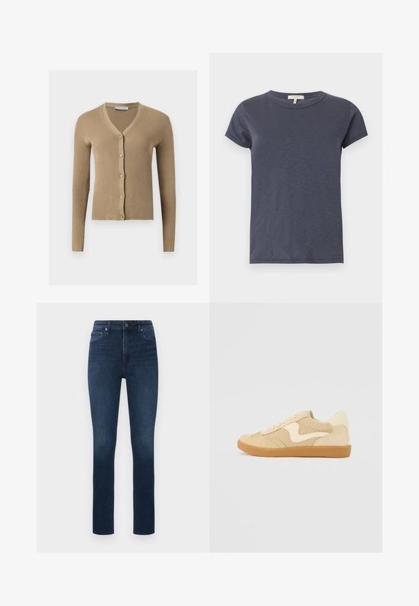 Beige värillinen ribbineulottu neuletakki V-aukolla, pitkillä hihoilla ja viidellä napilla edessä.; Laivastonsininen lyhythihainen pyöreäkauluksinen T-paita suoralla helmalla, valmistettu kevyestä puuvillakankaasta.; Tumma siniset slim fit -farkut viiden taskun mallilla ja napituksen suljennalla, esitetty valkoista taustaa vasten.; Beige lenkkarit, joissa on mokka- ja verkkomateriaalit, pyöreä muoto, voimakkaasti pehmustettu kaulus ja kumipohja. Sisältää aaltoilumaisen koristeen.