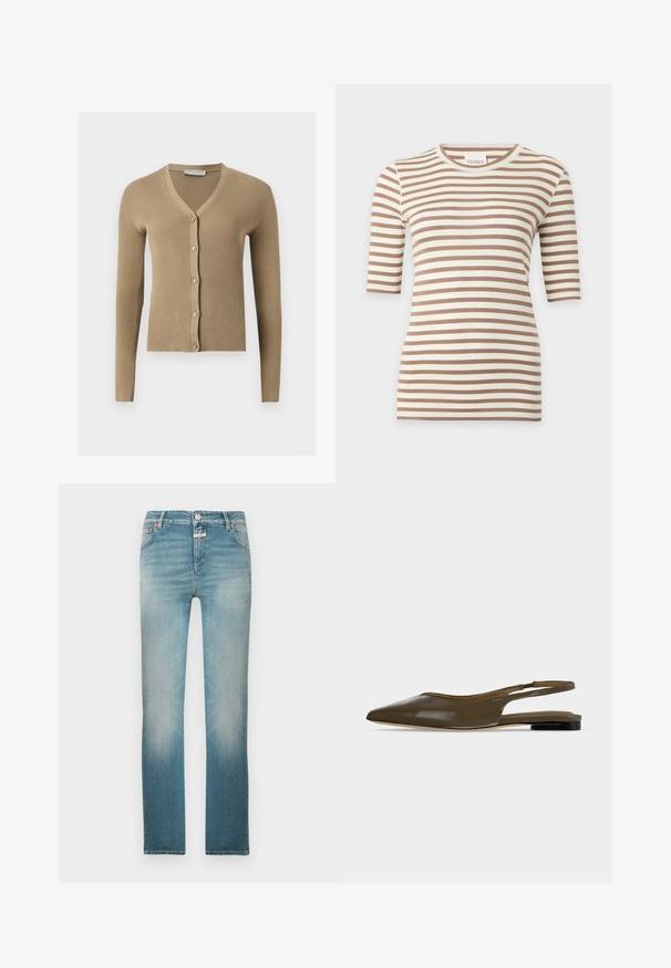 Cardigan beige en maille côtelée avec encolure en V, manches longues et cinq boutons à l'avant.; Top en maille à manches courtes beige et blanc à rayures horizontales, col rond et coupe slim.; Jean en denim bleu clair à coupe droite, finition délavée, cinq poches et fermeture par bouton en métal à la taille.; Chaussure plate à bout pointu vert olive avec bride arrière, talon noir bas et finition lisse et brillante.