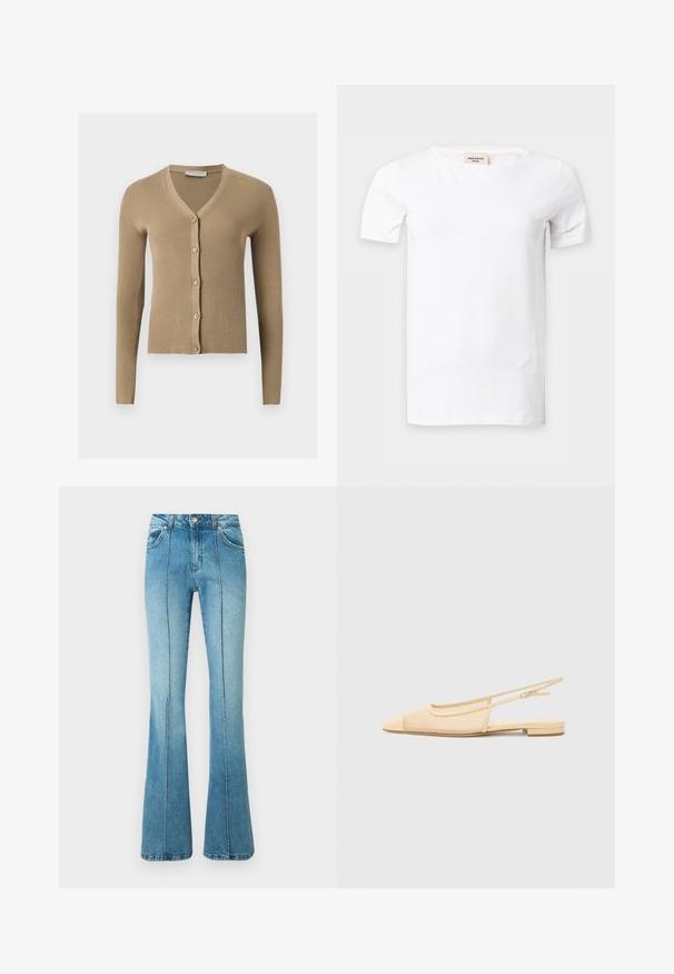 Cardigan beige en maille côtelée avec encolure en V, manches longues et cinq boutons à l'avant.; T-shirt blanc uni à manches courtes avec un col rond, présenté sur un fond gris clair.; Jeans en denim bleu clair taille haute avec des détails de couture à l'avant, des poches avant, des passants pour ceinture et des jambes évasées sur fond blanc.; Chaussure plate slingback en beige clair avec une tige en maille, un bout pointu et un petit talon. Dotée d'une sangle ajustable pour un bon maintien.