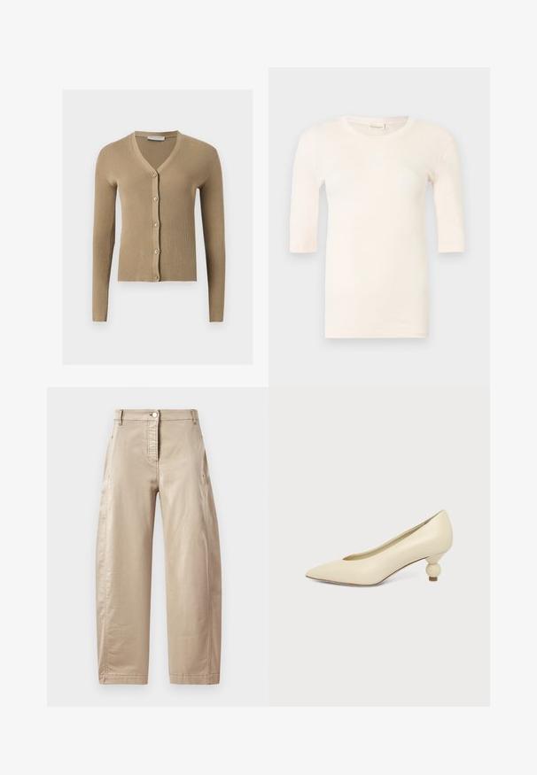 Cardigan beige en maille côtelée avec encolure en V, manches longues et cinq boutons à l'avant.; Haut en maille rose clair à manches courtes avec encolure ronde et silhouette ajustée, présenté sur un fond clair uni.; Pantalons larges beiges en mélange de coton lisse, featuring une fermeture à bouton à l'avant, des poches latérales et des détails de couture visibles.; Chaussure femme couleur crème à bout pointu avec un petit talon rond en forme de boule, sur fond uni.