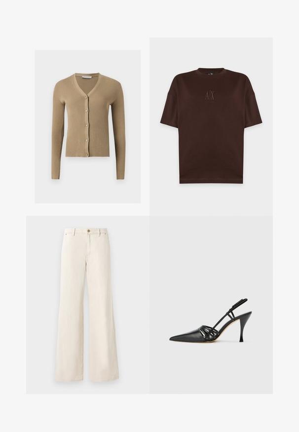 Beige ribstrikket cardigan med V-hals, lange ærmer og fem knapper foran.; Mørkebrun kortærmet T-shirt med rund hals og lille præget A|X Armani Exchange-logo centreret på brystet.; Beige brede bukser lavet af bomuld med en glat tekstur. Har en knaplukning, forlommer og et klassisk taljedesign.; Sort læder højhælede slingback-sko med spids tå, crisscross-remdesign og slank stiletto-hæl. Glat tekstur og minimale accenter.