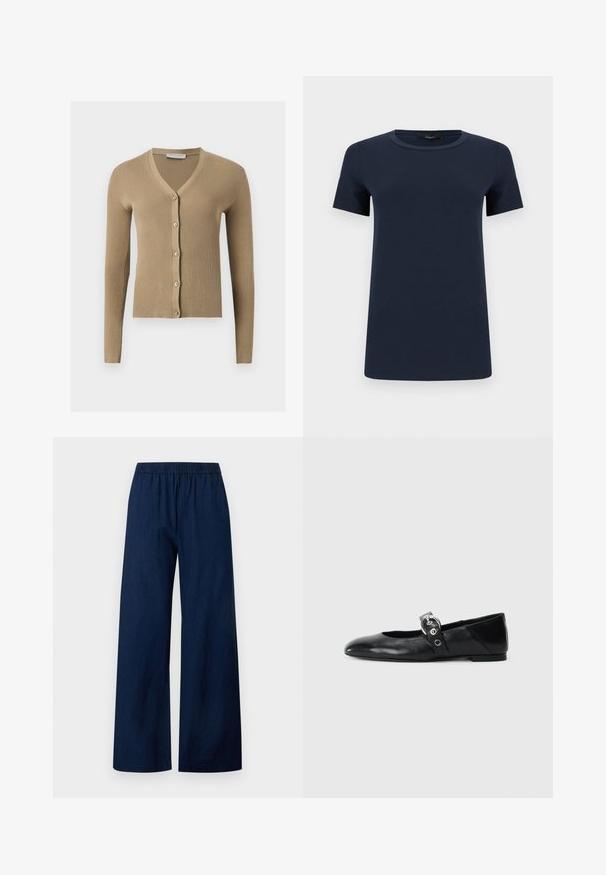 Cardigan beige en maille côtelée avec encolure en V, manches longues et cinq boutons à l'avant.; T-shirt en coton bleu marine à manches courtes avec col rond, présenté à plat sur un fond blanc.; Pantalon bleu marine à jambes larges avec taille élastique et devant plat, en tissu léger.; Ballerines en cuir noir avec un bout pointu, dotées d'une sangle avec une boucle métallique circulaire et d'une semelle plate.