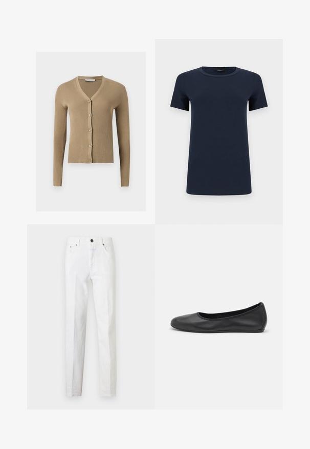 Cardigan beige en maille côtelée avec encolure en V, manches longues et cinq boutons à l'avant.; T-shirt en coton bleu marine à manches courtes avec col rond, présenté à plat sur un fond blanc.; Jean slim blanc avec cinq poches, fermeture par bouton métallique et passants de ceinture, présenté à plat sur fond blanc.; Ballerines en cuir noir avec un bout rond, texture lisse, détails de couture minimalistes et design de semelle flexible.