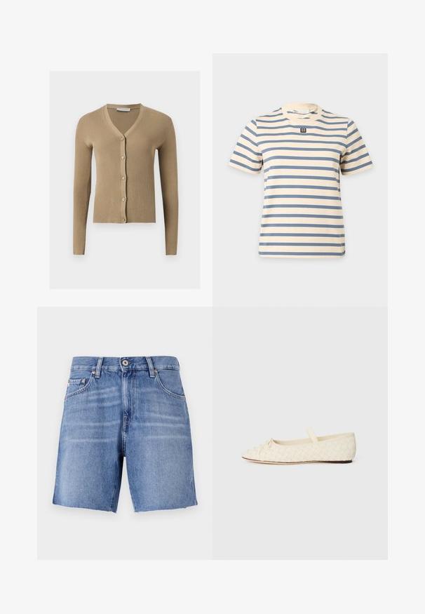Beige geribbelde gebreide cardigan met V-hals, lange mouwen en vijf knopen aan de voorkant.; Crèmekleurig T-shirt met korte mouwen, horizontale blauwe strepen en een klein zwart-wit vierkant logo in het midden van de borst.; Lichtblauwe denimshorts met een recht model, verbrokkelde zoom, vijf zakken en sluiting met een metalen knoop. De stof heeft een gladde textuur met een lichte vervaging.; Ballet flats van geweven crème materiaal, met een spitse neus, een klein strikje aan de voorkant en een bandje over de bovenkant. Platte zool.