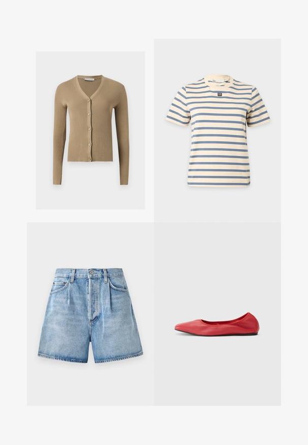Cardigan beige en maille côtelée avec encolure en V, manches longues et cinq boutons à l'avant.; T-shirt crème manches courtes avec des rayures horizontales bleues et un petit logo carré noir et blanc au centre de la poitrine.; Shorts en denim bleu clair à taille haute, présentant une fermeture à bouton et à zip, des poches avant et un ourlet effiloché.; Filippa K REY FLATS - Ballerines - bright red