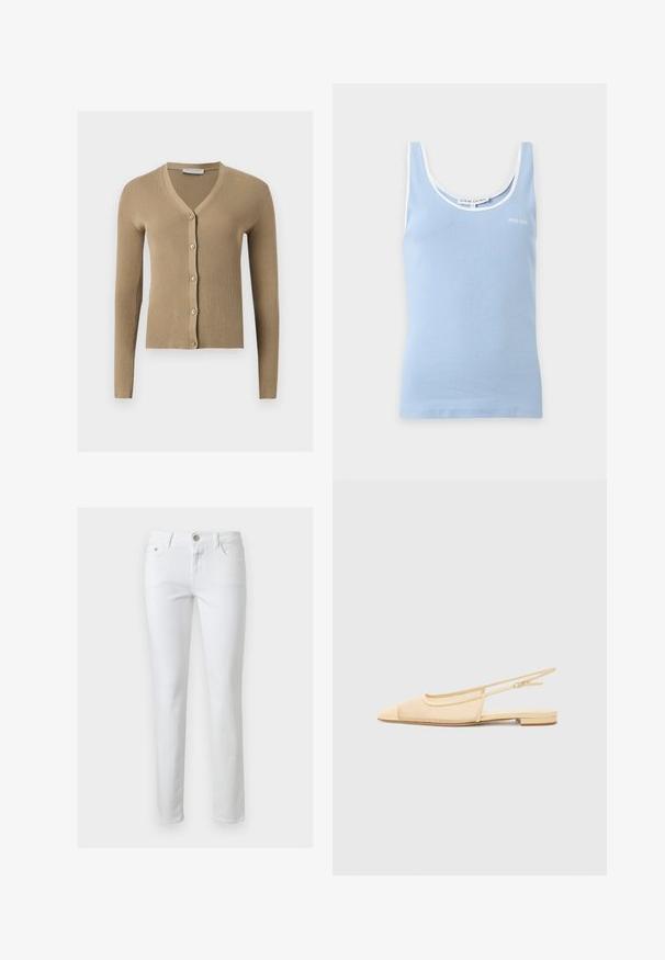 Cardigan beige en maille côtelée avec encolure en V, manches longues et cinq boutons à l'avant.; Débardeur côtelé bleu clair avec bordure blanche autour du col et des manches, avec un petit logo "Stine Goya" sur la poitrine.; Jean blanc slim avec fermeture à boutons et zip à l'avant, passants pour ceinture, poches avant et arrière, présenté sur un fond uni.; Chaussure plate slingback en beige clair avec une tige en maille, un bout pointu et un petit talon. Dotée d'une sangle ajustable pour un bon maintien.