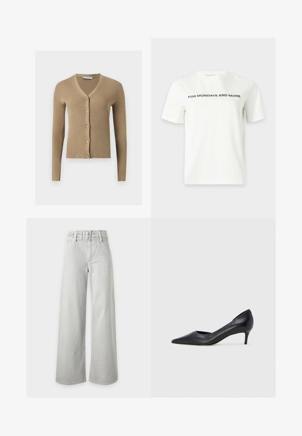 Cardigan beige en maille côtelée avec encolure en V, manches longues et cinq boutons à l'avant.; T-shirt blanc à manches courtes avec texte noir "FOR MONDAYS AND MORE" centré sur la poitrine sur un fond uni.; Jean gris clair taille haute à jambes larges, avec poches avant, passants de ceinture et ceinture en tissu assortie avec boucle.; Escarpin en cuir noir avec un bout pointu et un talon bas. Présente une texture lisse et un éclat subtil. Découpe ouverte à l'avant pour un détail supplémentaire.