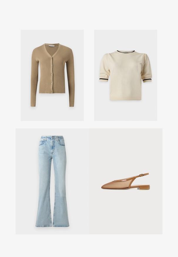 Beige ribstrikket cardigan med V-hals, lange ærmer og fem knapper foran.; Kremfarvet kortærmet top med puffede ærmer og sort kant på halsudskæringen og ærmekanter på hvid baggrund.; Lys blå denim flare jeans med høj talje, der har forlommer, knaplukning og en let slidt tekstur.; Brun slingback flad sko med spids tå, tynd rem med spænde og lav blokhæl på hvid baggrund.