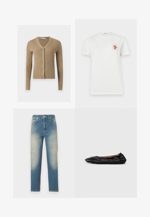 Beige ribstrikket cardigan med V-hals, lange ærmer og fem knapper foran.; Hvid T-shirt med korte ærmer med et lille rødt anatomisk hjerte og gyldne stråler på øverste venstre bryst, mærket "Replay."; Lyseblå jeans med højt liv og lige ben, med falmede og slidte detaljer på frontlårene og knæene.; Sort læder balletflade med samlet detaljering ved kraven, rund tå og fleksibel gummisål. Glat tekstur hele vejen igennem.