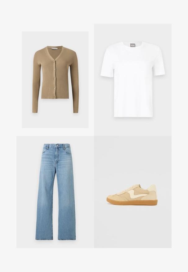 Cardigan beige en maille côtelée avec encolure en V, manches longues et cinq boutons à l'avant.; T-shirt blanc uni à manches courtes avec col rond, présenté sur un fond neutre, comportant une petite étiquette grise "MM" au col.; Jean bleu clair taille haute à jambes droites avec fermeture devant par bouton et zip, poches avant et arrière, et passants pour ceinture.; Sneaker beige avec des matériaux en daim et en maille, forme arrondie, col rembourré proéminent et semelle en caoutchouc gomme. Présente un accent de design en forme de vague.