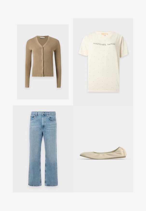 Beige geribbelde gebreide cardigan met V-hals, lange mouwen en vijf knopen aan de voorkant.; Crèmekleurig T-shirt met korte mouwen, kleine gouden studs en "MICHAEL KORS" in zwarte letters gedrukt over de borst.; Lichtblauwe spijkerbroek met een recht model, hoge taille, zichtbare stiksels en een lichte vervaging. Geen versieringen of hardware.; Beige zachte leren ballerina met afgeronde neus, laag uitgesneden zijprofiel en slanke rubberen zool op een effen witte achtergrond.