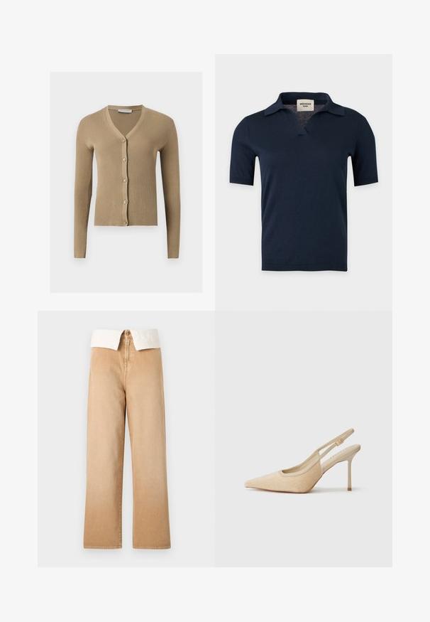 Beige geribbelde gebreide cardigan met V-hals, lange mouwen en vijf knopen aan de voorkant.; Navy blauw gebreid shirt met korte mouwen, een kleine open kraag en een V-hals, getoond op een effen lichtgrijze achtergrond.; Beige hoge taille, wijd uitlopende broek met zichtbare knoop- en ritssluiting, gecombineerd met een wit overhemd met boord, ingestopt.; Beige slingback hoge hakken met een spitse neus, gemaakt van textuurmateriaal, met een slanke hak en een verstelbare band.