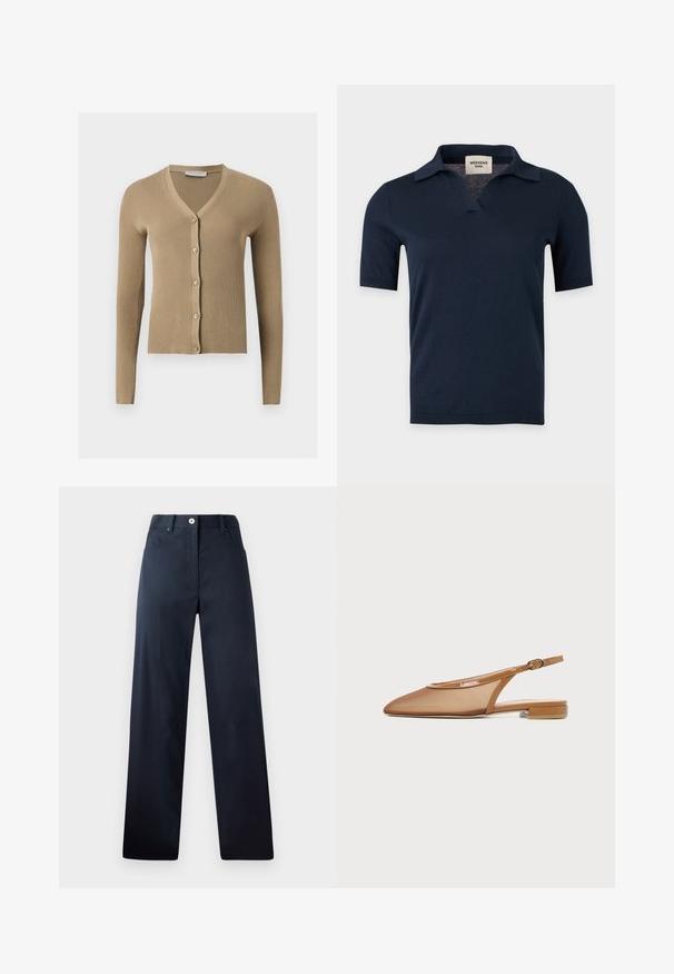 Cardigan beige en maille côtelée avec encolure en V, manches longues et cinq boutons à l'avant.; Chemise en maille bleu marine à manches courtes avec un petit col ouvert et un col en V, présentée sur un fond gris clair uni.; Pantalon bleu marine foncé avec une coupe droite, fabriqué en tissu lisse. Comprend des poches avant, une fermeture à bouton et des détails de couture subtils.; Chaussure plate à bride arrière marron avec bout pointu, fine bride avec boucle et petit talon bloc sur fond blanc.