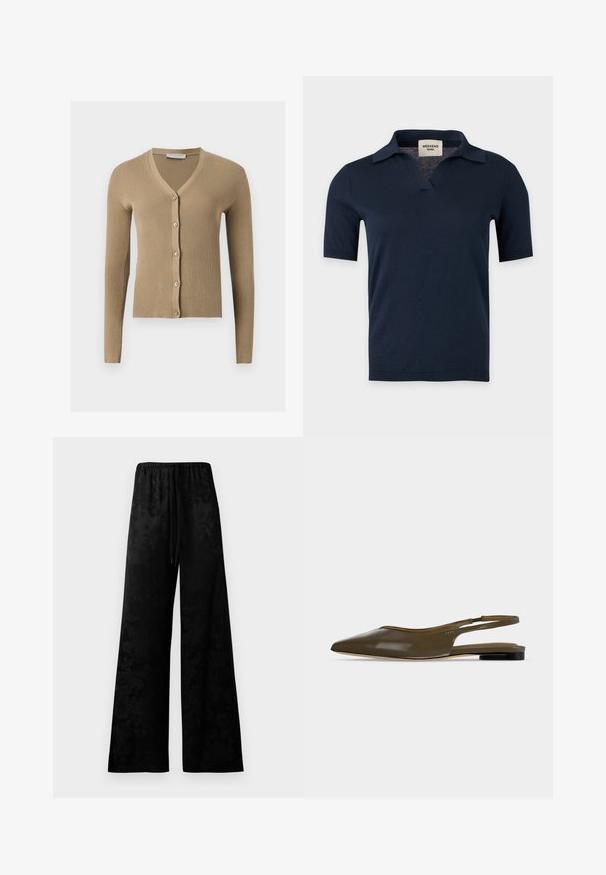 Cardigan beige en maille côtelée avec encolure en V, manches longues et cinq boutons à l'avant.; Chemise en maille bleu marine à manches courtes avec un petit col ouvert et un col en V, présentée sur un fond gris clair uni.; Pantalons noirs à jambes larges en tissu lisse, dotés d'une taille élastique, d'un cordon de serrage et d'un motif floral subtil.; Chaussure plate à bout pointu vert olive avec bride arrière, talon noir bas et finition lisse et brillante.