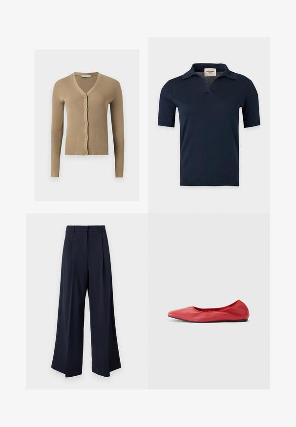 Cardigan beige en maille côtelée avec encolure en V, manches longues et cinq boutons à l'avant.; Chemise en maille bleu marine à manches courtes avec un petit col ouvert et un col en V, présentée sur un fond gris clair uni.; Pantalon large bleu marine avec plis sur le devant, passants pour ceinture et fermeture avant dissimulée.; Filippa K REY FLATS - Ballerines - bright red