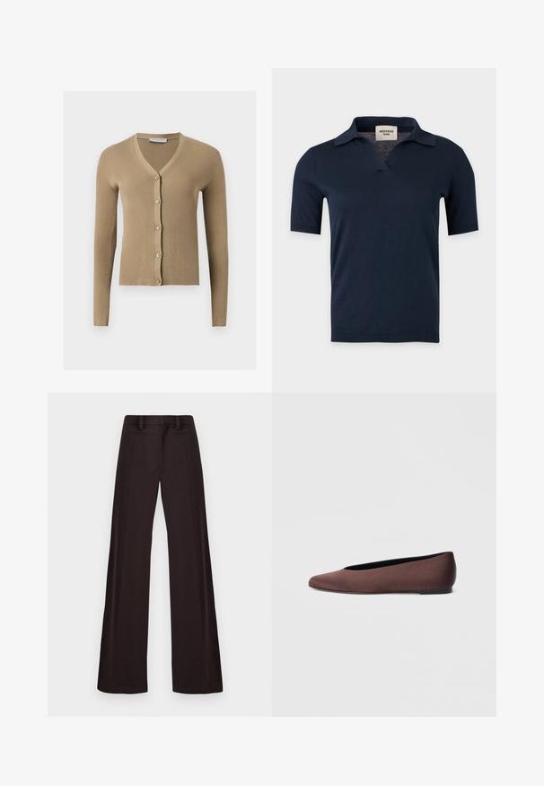 Beige ribstrikket cardigan med V-hals, lange ærmer og fem knapper foran.; Marineblå strikskjorte med korte ærmer, lille åben krave og V-hals, vist på en ensartet lysegrå baggrund.; Breddebenede bukser lavet af mørkt stof, med en glat tekstur, bæltestropper og en midtersøm foran, samt et enkelt, udekoreret design.; Brune balletflade sko i stof med spids tå og glat tekstur, med lav hælkappe og tynd sort sål. Ingen synlige mønstre eller beslag.