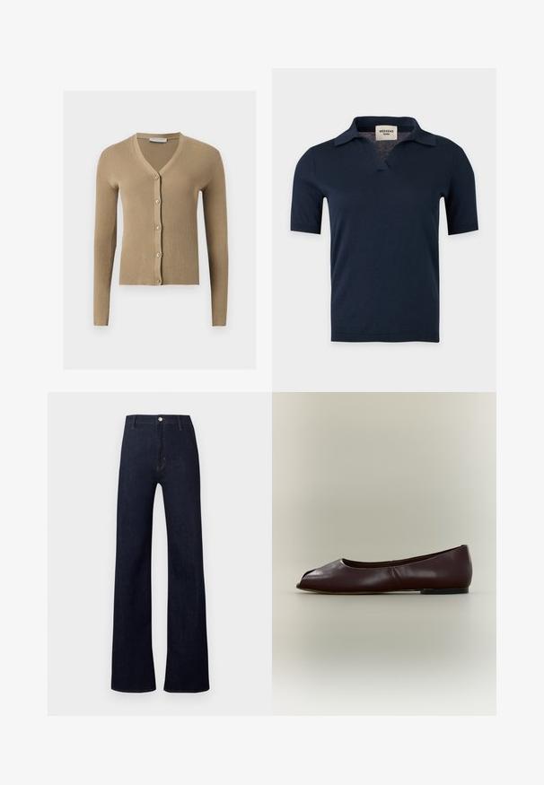 Beige ribbestrikket cardigan med V-hals, lange ermer og fem knapper foran.; Marineblå kortermet strikket skjorte med liten åpen krage og V-hals, vist på en ensfarget lys grå bakgrunn.; Mørkeblå denimbukser med høyt liv, vid bendesign og klassisk fem-lommers stil. Har bronsefarget metall og subtil søm.; Mørkebrun skinn flat sko med åpen tå og lav hæl på ensfarget lys bakgrunn.
